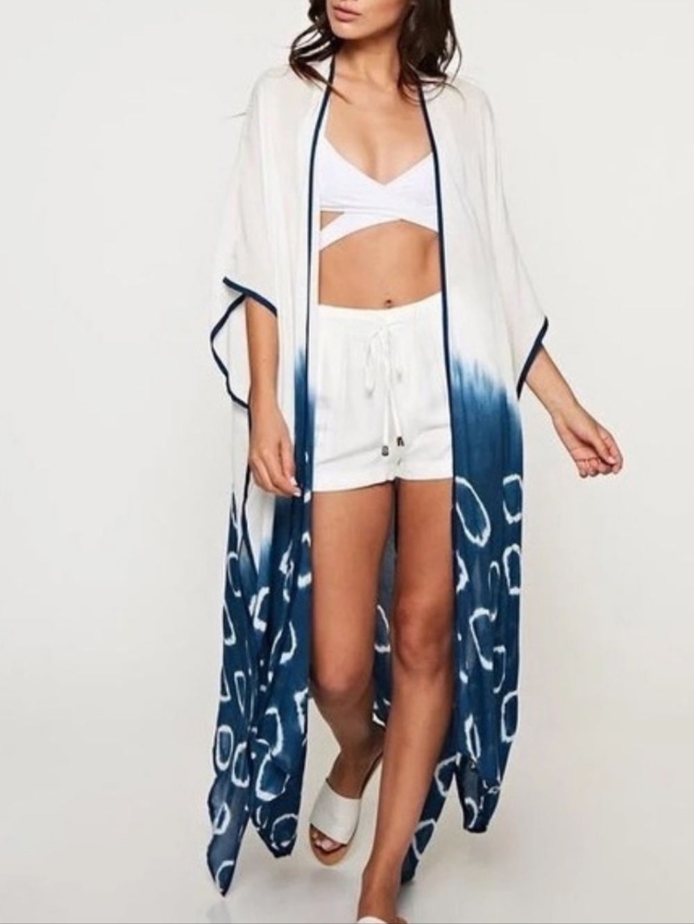 Kimono Long Duster Tie Dye White and Teal Coverup Miami Beach Lightweight NEW